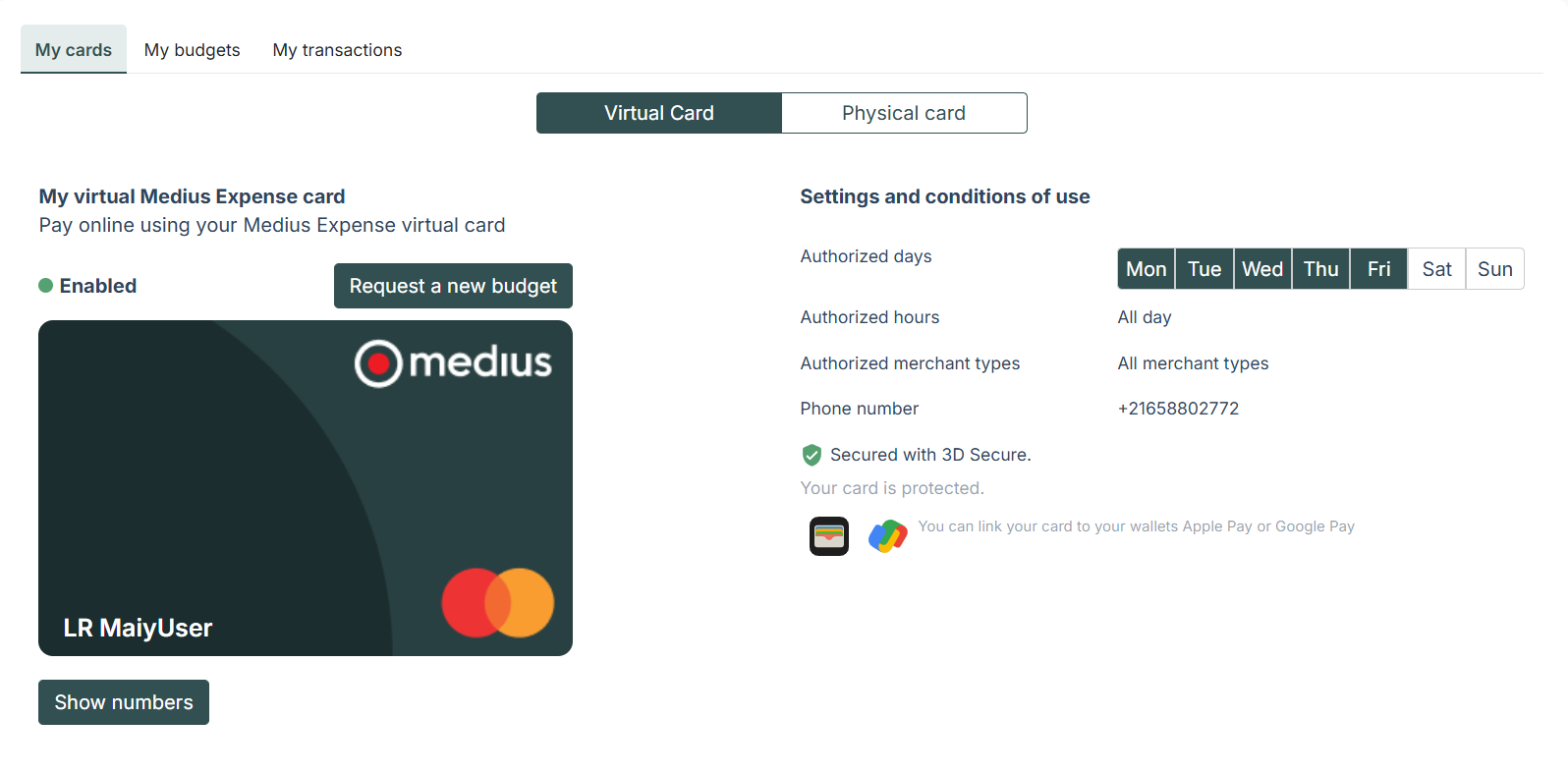 Payment card employee details