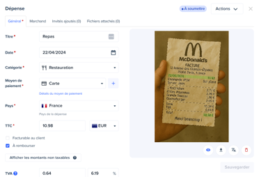 Vue de l'employé lors de la soumission d'une dépense