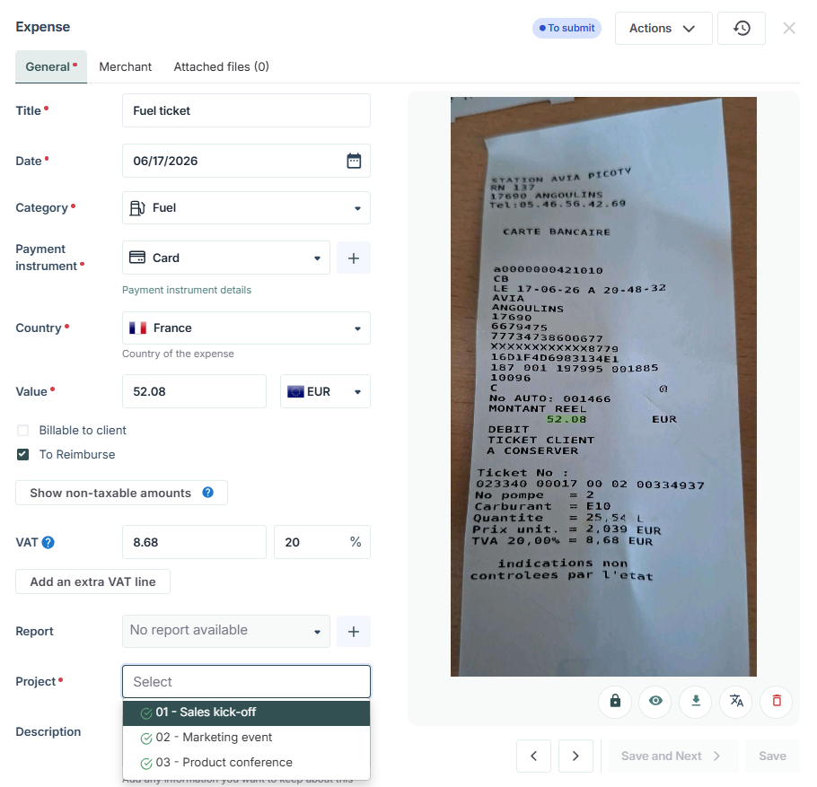 Validate expenses by project