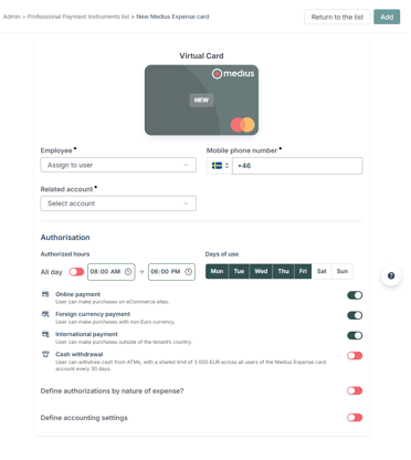 Setting the terms on a new payment card