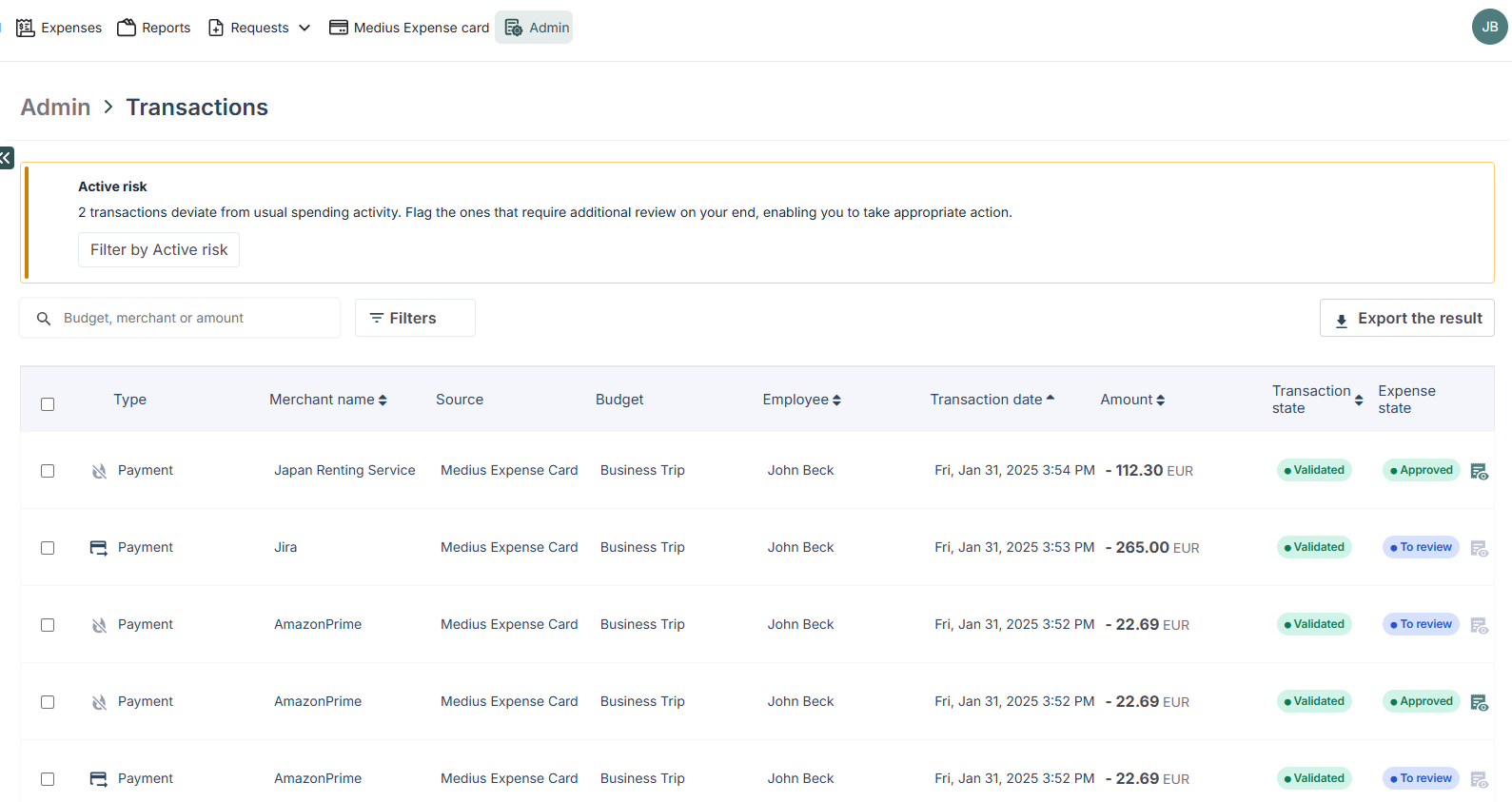active risks in transactions list